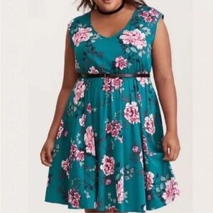 Torrid Boho Teal Floral Mini Challis Dress Sweetheart Neck Elastic Waist Plus Sz